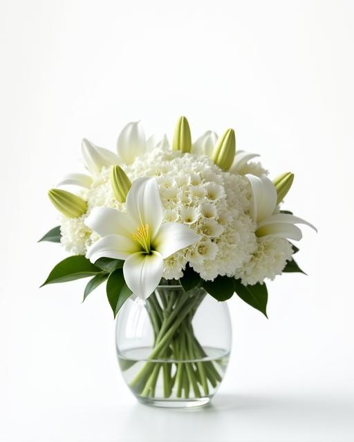 The Tarawera Elegance Vase filled with luxurious white flowers.