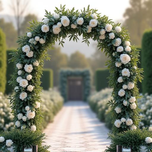 An elegant wedding floral archway decorated with white roses and eucalyptus.